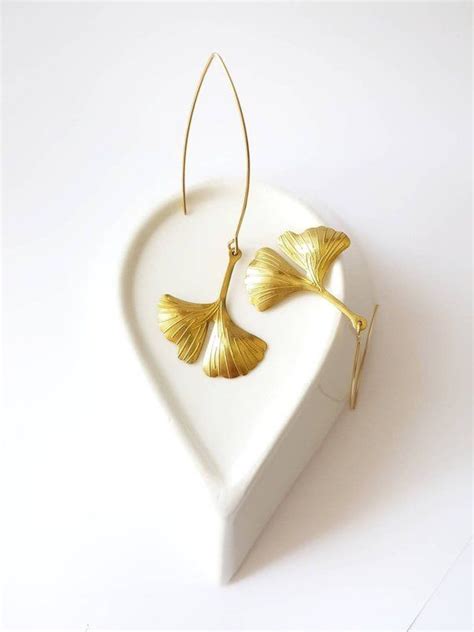 Ginkgo Leaf Earrings Gold Ginkgo Drop Earrings Leaf Hoops Brass Leaf