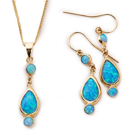 Blue Opal Earrings 14k Solid Gold 7x10mm Teardrop Birthstone Holiday