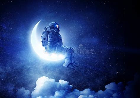 Astronaut Sit On Crescent Moon Mixed Media Stock Image Image Of