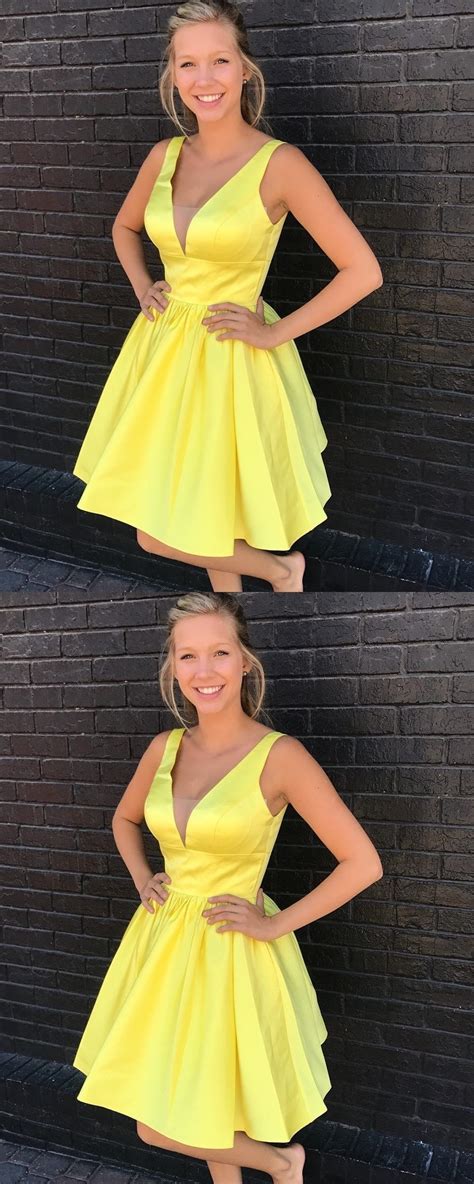 V Neck Short Yellow Homecoming Dress Yellow Homecoming Dresses Satin