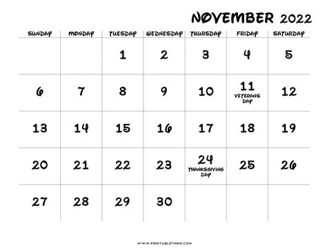 20 November 2022 Calendar Printable Us Holidays Blank Free Pdf