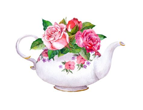 Teacup Tea Pot With Flowers Vintage Card Watercolor Stock