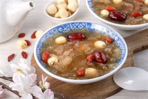 Close Up Of Sweet Snow White Fungus Soup With Lotus Seed Chinese Red
