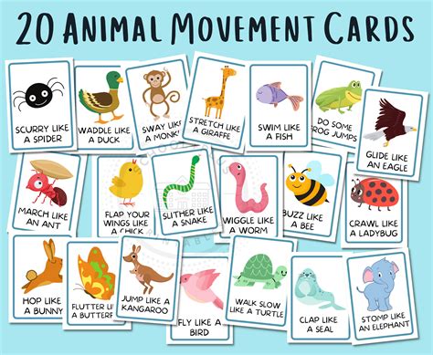 Animal Movement Cards For Kids 20 Animal Themed Printable Etsy Uk