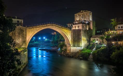 bridges, Rivers, Bosnia, And, Herzegovina, Night, Mostar, Cities Wallpapers HD / Desktop and ...