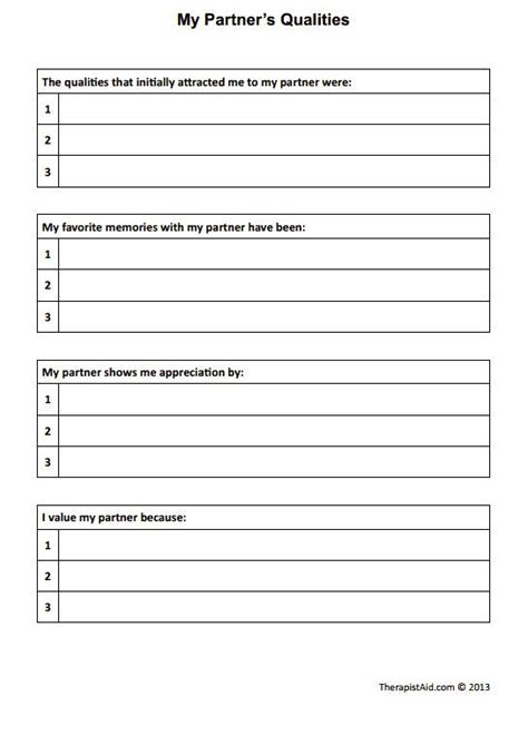 My Partners Qualities Marriage Counseling Worksheets Couples