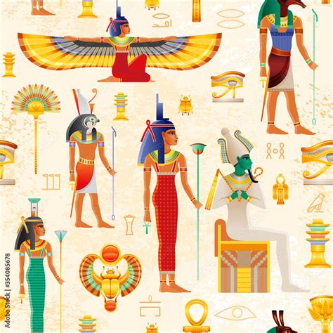 Vetor De Egyptian Vector Seamless Papyrus Pattern With Osiris Myth