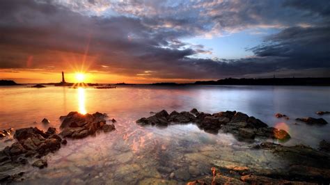wallpaper sunlight landscape sunset sea lake water rock nature shore reflection sky