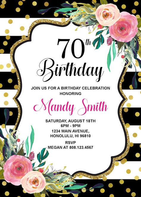70th Birthday Invitation Women Birthday Invitation Pink Floral Etsy
