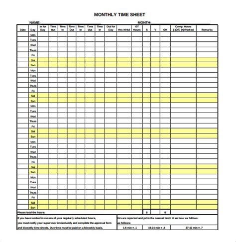 Monthly Timesheet Template Excel Free Download