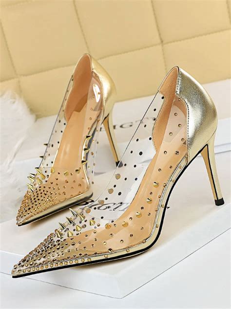 Womens Gold Clear High Heels Pointed Toe Stiletto Heel Pumps With