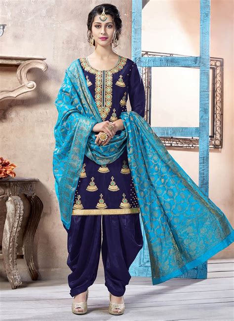 Buy Art Silk Navy Blue Embroidered Work Punjabi Suit Punjabi Suits