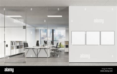 Three Square Blank Posters On The Wall In Modern Office With Clipping