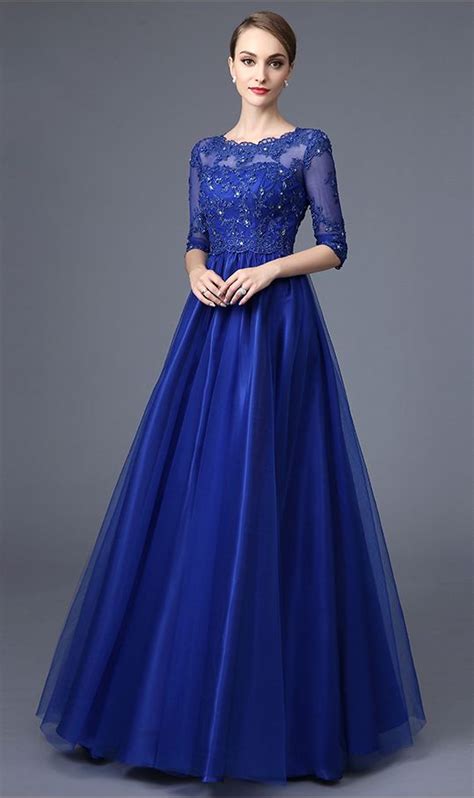 Half Sleeves Royal Blue Lace Evening Prom Dresseshigh Neck Empire Waist Long Prom Dresses
