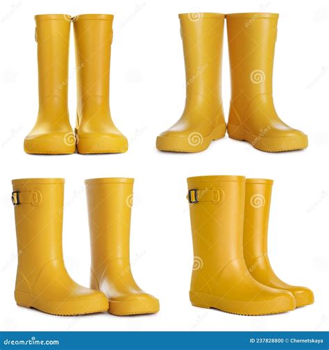 Set With Yellow Rubber Boots On White Background Stock Photo Image Of