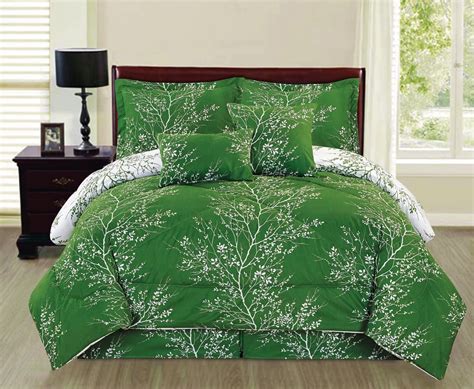 Natural Green 6 Piece Branches Reversible Printed Soft Oversized Queen Size Comforter Set