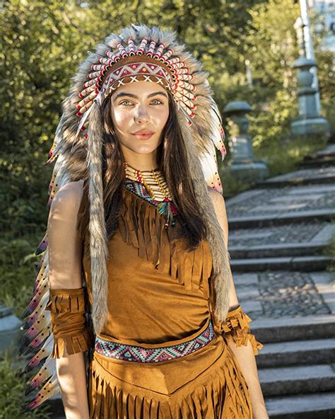 Native American Indian War Headdress Brown Fur Blue Mx