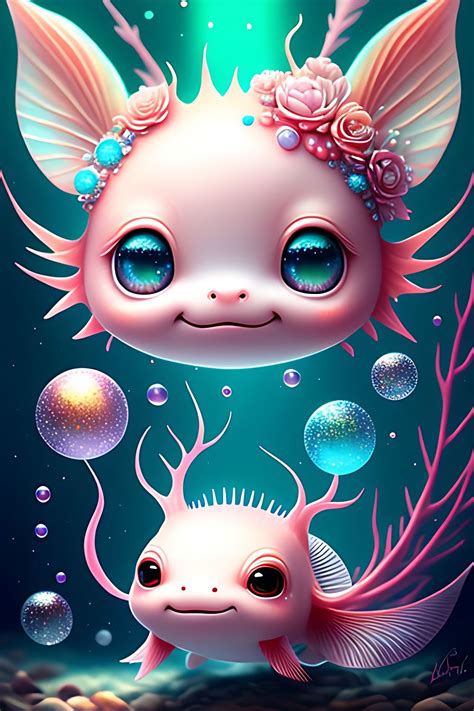 Sana A Cute Adorable Baby Axolotl Underwater Bubbles Lovely Happy