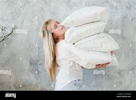 Making Bed Morning Chores Woman Pile Pillows Stock Photo Alamy