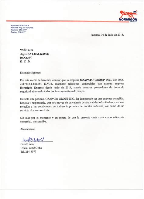 Carta De Referencia Hormigón Express Ozapato Ozapato Panama