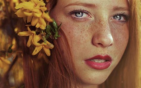 beauty redhead flower yellow face freckles blue eyes hd wallpaper peakpx