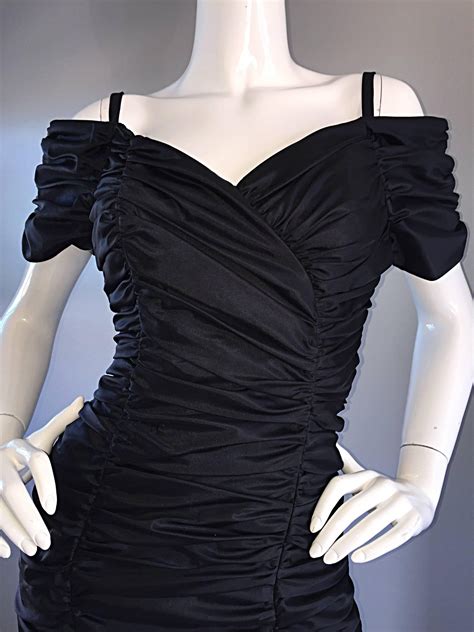 Sexy Vintage 1990s 90s Black Ruched Off Shoulder Body Con Little Black Dress For Sale At