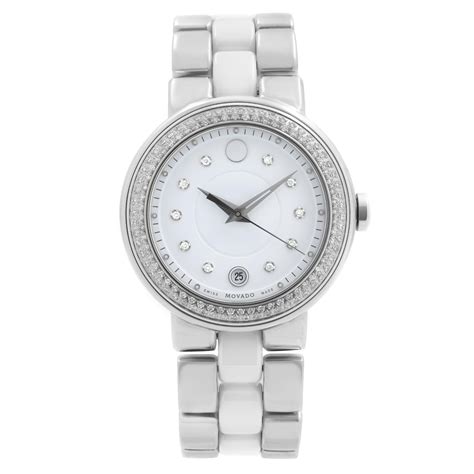 Movado Cerena White Ceramic Steel Diamond Bezel Quartz Ladies Watch