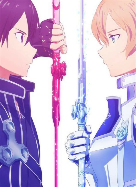 Two Anime Characters Holding Swords In Their Hands