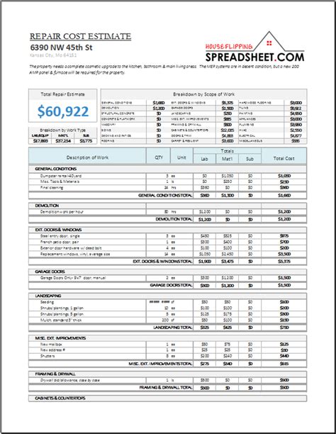 House Flipping Budget Spreadsheet Template Home Renovation Costs