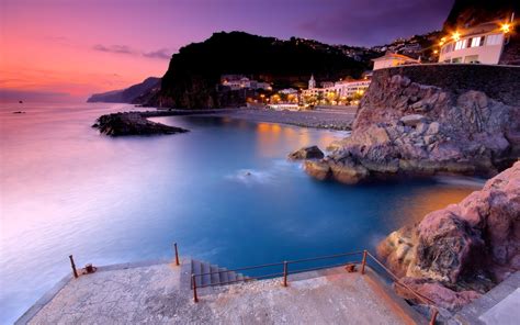 Portugal Madeira Island Beach Sunset Buildings Mountains