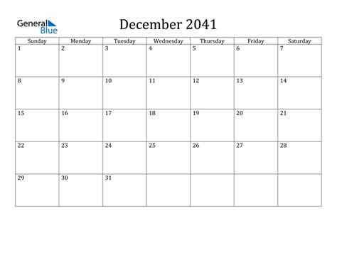 December 2041 Calendar Pdf Word Excel