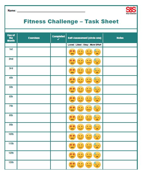 Fitness Challenge Task Sheet Sands Blog