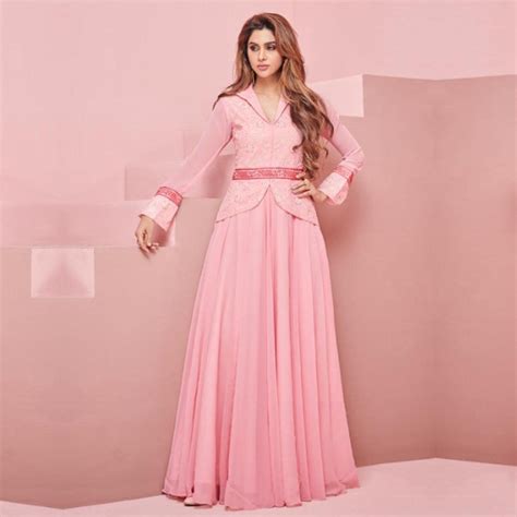 Stunning Pink Colored Partywear Embroidered Georgette Gown Gowns