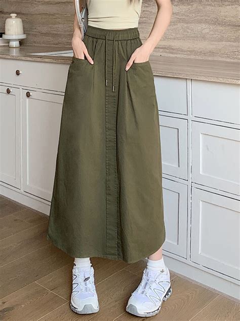 Tigena Casual Cotton Long Skirt Women Korean Fashion Design Pockets