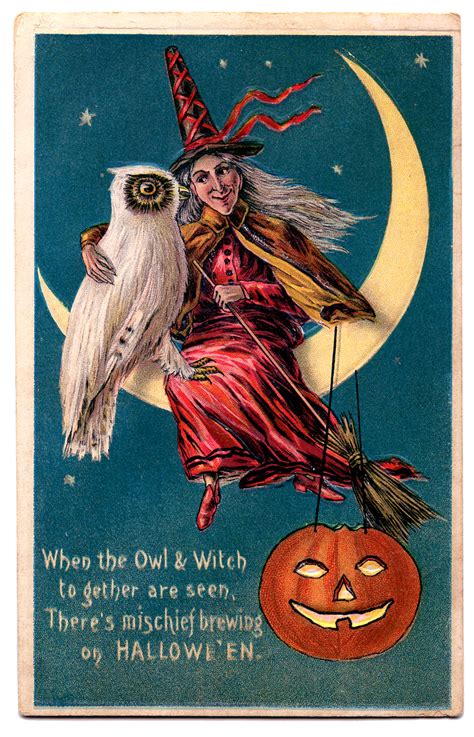 Vintage Halloween Clip Art Witch Owl Moon Pumpkin The