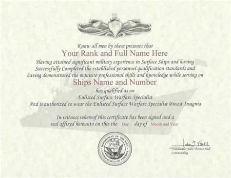 Us Navy Enlisted Surface Warfare Specialist Replacement Certificate 85x11 1895 Picclick