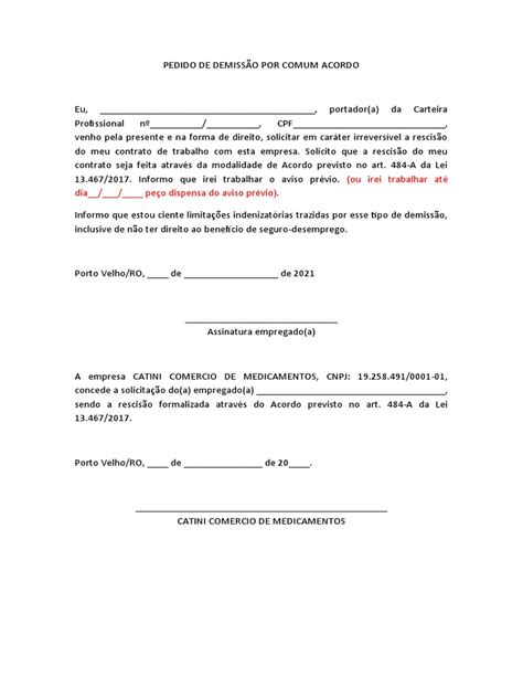 pedido de demissão por comum acordo pdf