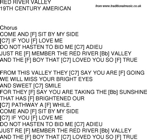 Old Time Song Lyrics With Chords For Red River Valley F Red River