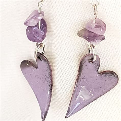 These Heart Earrings Are Mauve Purple Enamel On Copper Domed And Torch