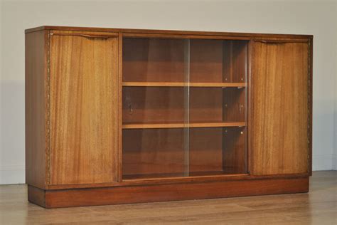Retro 1960s Long Low Teak Glass Sliding Door Bookcase Cabinet With
