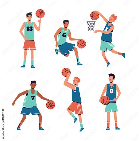 Vettoriale Stock Men Are Playing Basketball Flat Design Concept With