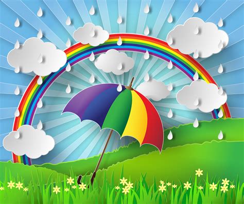 Colorful Umbrella In The Rain With Rainbow 586256