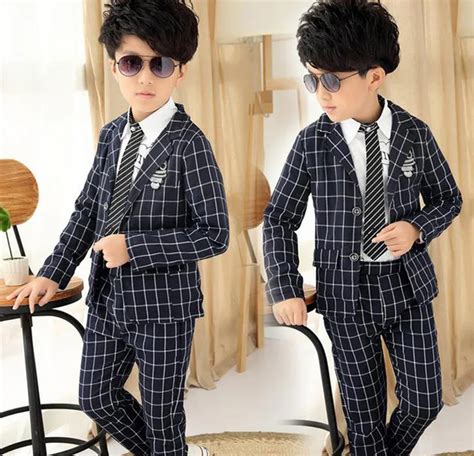 2016 New Big Boy Clothes Set Plaid Blazerpants Suit Outfit Kids