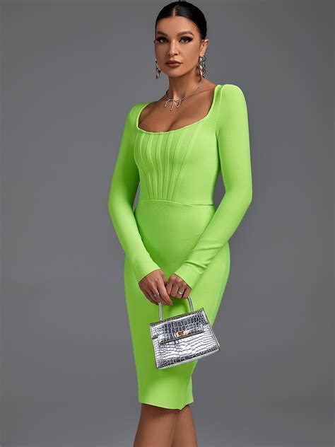 Long Sleeve Bandage Dress Green Bodycon Dress Evening Party Elegant Sexy Midi Birthday Club