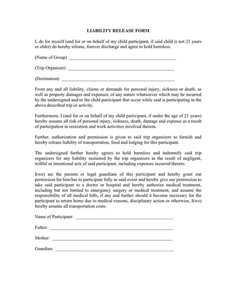 Liability Release Form Download Free Documents For Pdf Word And Excel