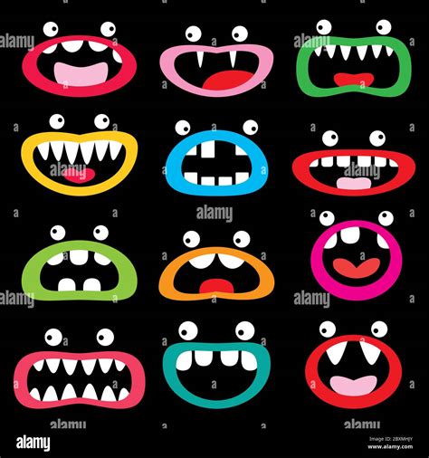 Monster Cartoon Character Vector Icon Set Funny Faces Open Mouth