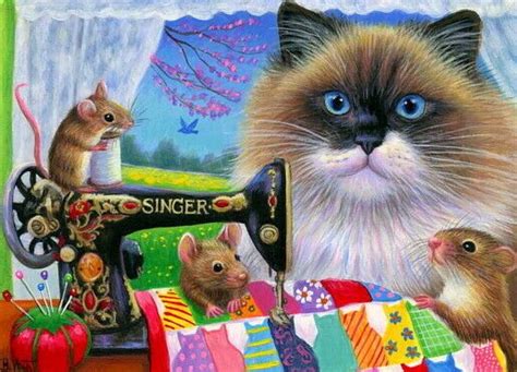 Aceo Original Ragdoll Cat Mouse Mice Sewing Quilt Spring Painting Art