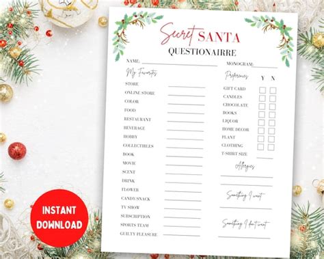 Secret Santa Questionnaire Printable Secret Santa T Etsy