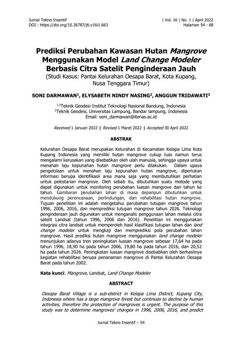 Pdf Prediksi Perubahan Kawasan Hutan Mangrove Menggunakan Model Land