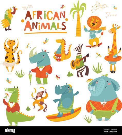 Vector Cartoon Wild Animals Of Africa Funny Characters In Flat Style